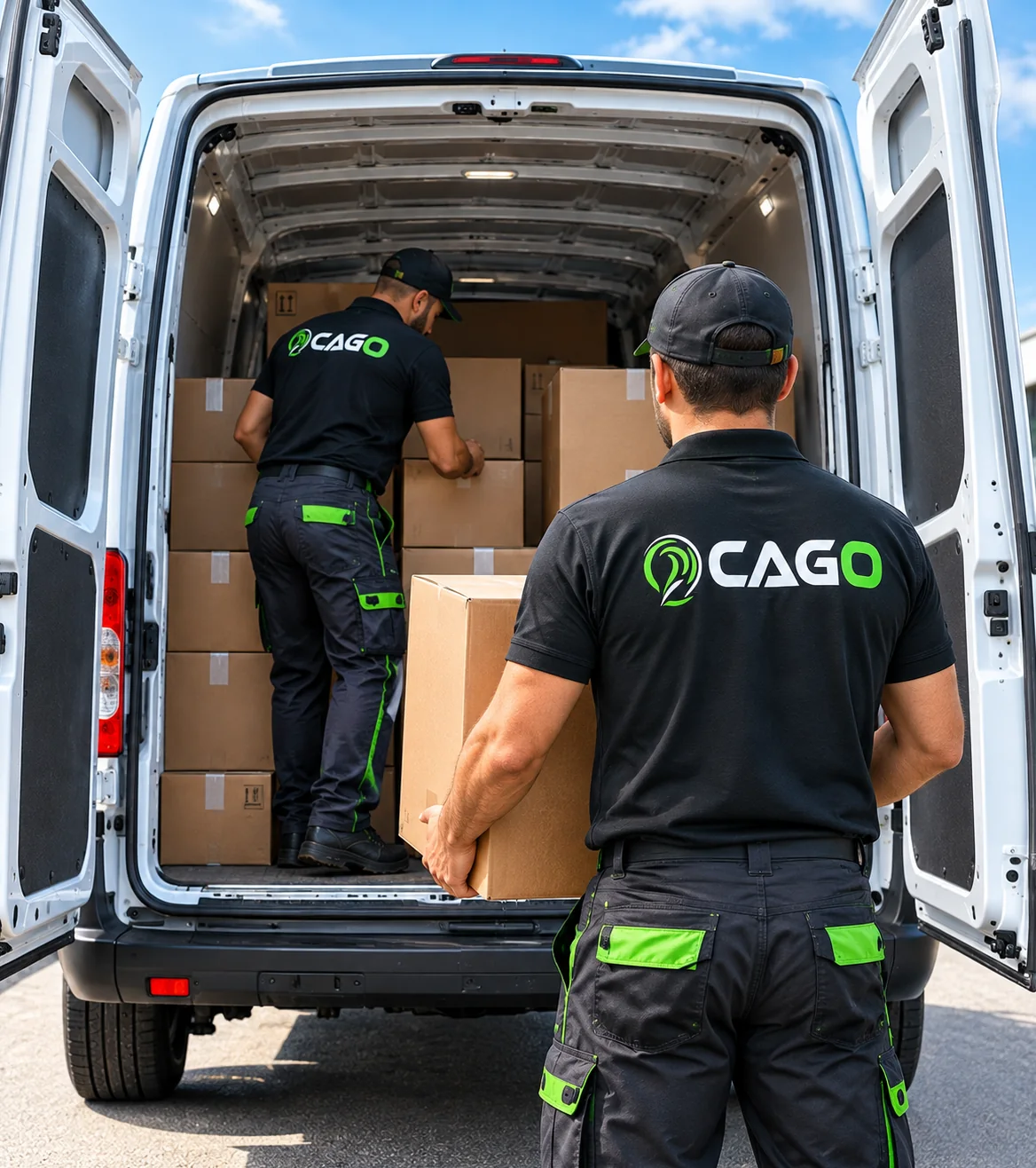 Deux livreurs CAGO chargent des cartons